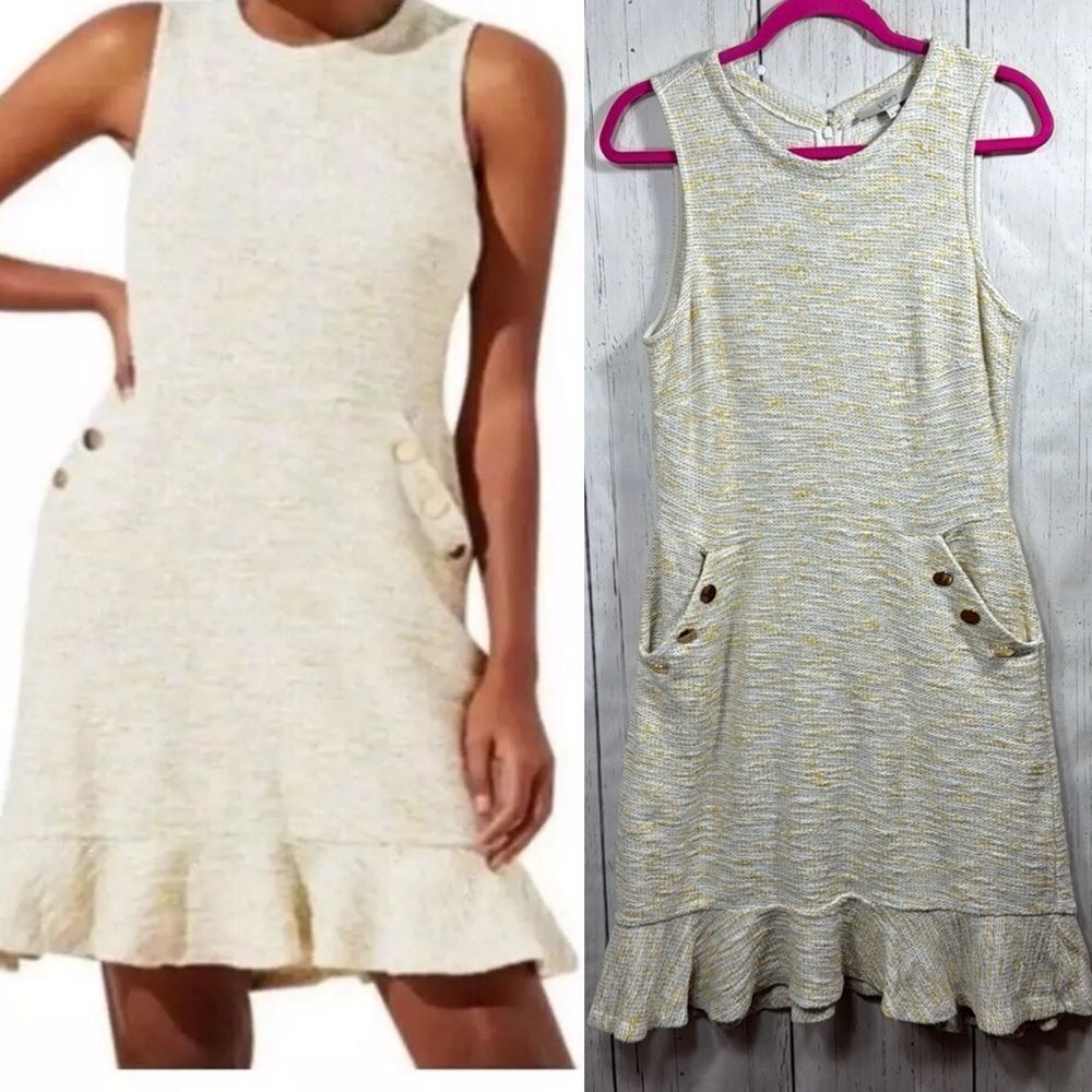 Loft Tweed Sleeveless Ruffle Hem Dress Cream Yellow Size 6 Classic Quiet Luxury